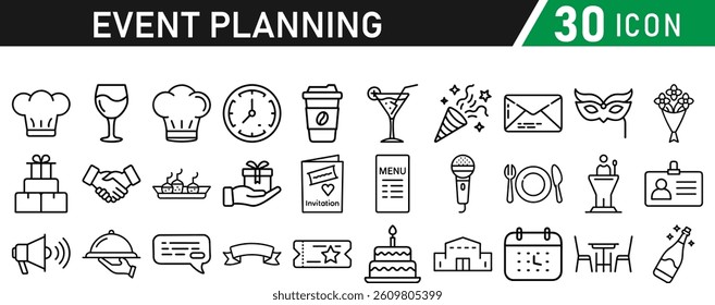 Events and Planning icon set. Includes balloon, confetti, party hat, gift, event ticket, decoration, and more. Editable stroke. Vector illustration