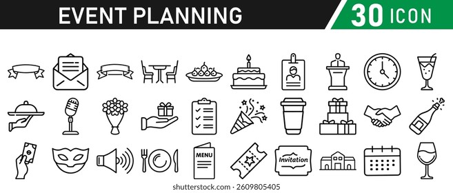 Events and Planning icon set. Includes balloon, confetti, party hat, gift, event ticket, decoration, and more. Editable stroke. Vector illustration