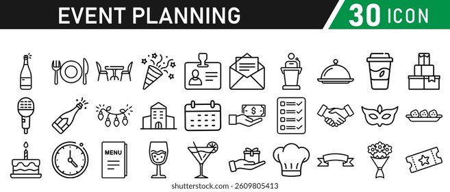 Events and Planning icon set. Includes balloon, confetti, party hat, gift, event ticket, decoration, and more. Editable stroke. Vector illustration
