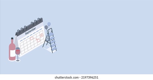 Events schedule concept banner with wine bottle. Can use for web banner, infographics. week n month operations agenda making employee assignments on big spring desk calendar. Flat isometric vector.