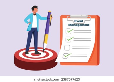 Eventos, programación, creatividad. Concepto de administración de eventos. Ilustración vectorial plana de color aislada.