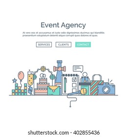  Events and special occasions organization web page design template. Catering service and marketing agency. Graphic event marketing concept, website elements. Outline icons and website elements.