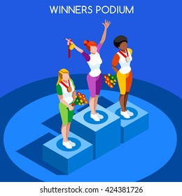 events victory isolated Icon Flat 3d isometric female winner athlete on Athletics Podium. Sport Athletic bet victory. Winning Athlete Podium Athlete Winner events Pedestal Vector People Tokyo ads