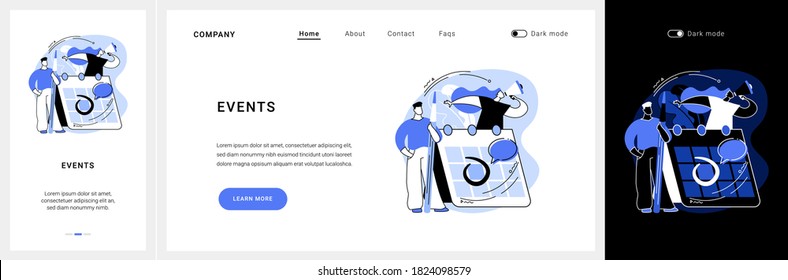 Events website UI kit. Corporate events, event calendar, notification, website menu bar, UI element, business meeting, commercial exhibition, schedule landing and mobile app vector UI template.