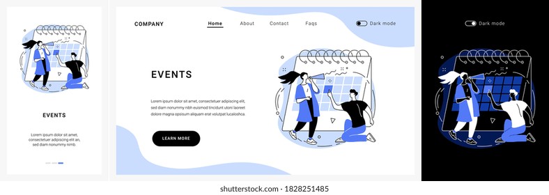 Events Website UI Kit. Corporate Events, Event Calendar, Notification, Website Menu Bar, UI Element, Business Meeting, Commercial Exhibition, Schedule Landing And Mobile App Vector UI Template.