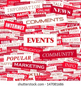 EVENTOS. Ilustración de concepto de nube de Word. Colección de etiquetas gráficas. Collage de Wordcloud con etiquetas y términos relacionados. 