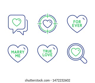 For ever, Heart and Valentine target line icons set. True love, Marry me and Search love signs. Heart in aim, Wedding, Dating service. Love set. Line for ever outline icons. Vector