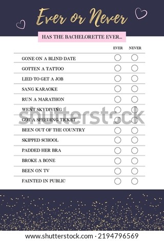 Ever or Never Game, Bachelorette Party Game, Fun Hen Party Game, Bridal Shower Game, printable vector card