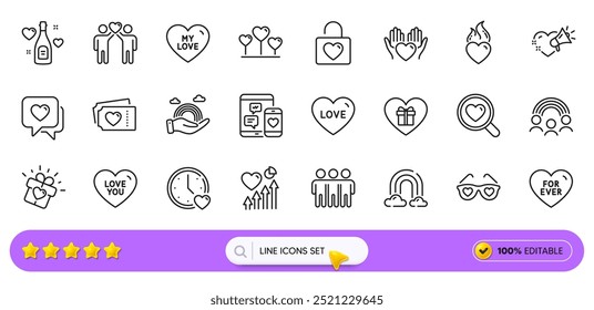 Para siempre, amor de Búsqueda e íconos de línea de citas para App de Web. Pack de iconos de pictogramas de boletos de arco iris, corazón, amor. Inclusión, casillero de Boda, signos de amistad. Heart flame, Lgbt, Redes sociales. Vector