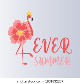 Por cada eslogan de verano para afiches y tendencias de verano. Flamingo con una hermosa flor y corona. Diseño vectorial rosa sobre fondo azul claro