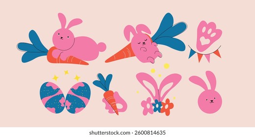 everal easter bunnies, pink bunnies, rabbits with carrots e easter eggs. Hand drawn Vector illustration. solated design elements