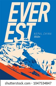 Everest in Himalayas, Nepal, China outdoor adventure poster. Chomolungma mountain illustration.