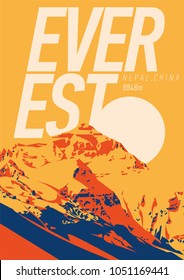 Everest in Himalayas, Nepal, China outdoor adventure poster. Chomolungma mountain at sunset illustration.