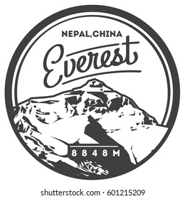 Everest in Himalayas, Nepal, China outdoor adventure badge. Chomolungma mountain illustration.