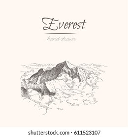 Everest. Himalayas. Sketch Of A Mountains, Engraving Style, Hand Drawn Vector Illustration