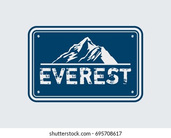 Everest is a snow-covered mountain mark of the Himalayas. Mountain stamp. Road sign