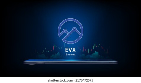 El símbolo de criptodivisa Everex sale de un smartphone con gráfico de crecimiento. Comerciando divisa criptográfica en aplicación. Banner de inversión financiera para noticias o sitio web. EPS10, vector de símbolo del símbolo del icono.