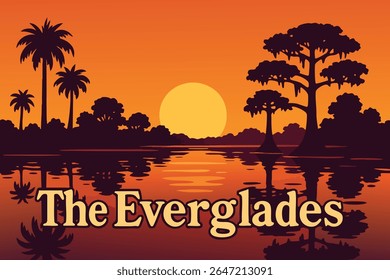 The Everglades National Park comes alive at sunset, with a warm golden glow illuminating the water’s surface, creating stunning reflections of the surrounding wetlands