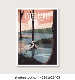 Everglades National Park poster illustration, Beautiful Swamp scenery with stork and crocodile poster design