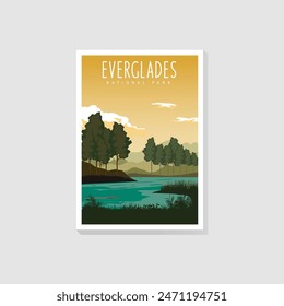 Everglades National Park poster illustration, Beautiful Swamp scenery with stork and crocodile poster design