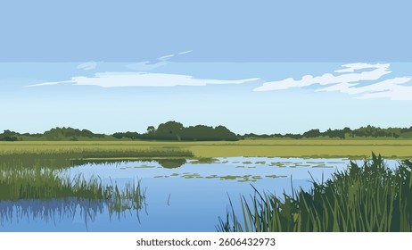 The Everglades National Park, a UNESCO World Heritage Site, is a stunning natural wonder located in the heart of Florida. This digital illustration beautifully captures the park's vast wetlands