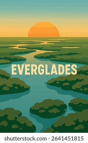 The Everglades are shown from above, with wetlands and mangroves stretching out under the soft light of sunrise.