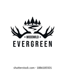 evergreen and antlers logo design, vintage style