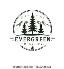 Evergreen Badge Logo Design. Pine, Fir and Conifer Trees Vintage Vector Emblem for Outdoor Branding.