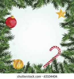 Evergreen border with ornaments and candy cane