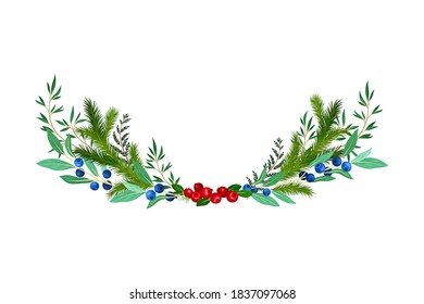Evergreen Branches of Coniferous Tree and Blueberry Arranged in Semicircular Vector Composition
