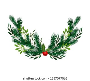 Evergreen Branches of Coniferous Tree and Mistletoe Arranged in Semicircular Vector Composition