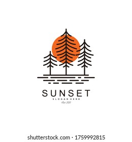 evergreen camping ground with sunset line art