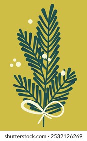 Evergreen Christmas tree branch to decorate fireplace, door, home. A fluffy Christmas tree branch tied with twine and a bow. Element for decorating vases for New Year and Christmas branch of fir tree