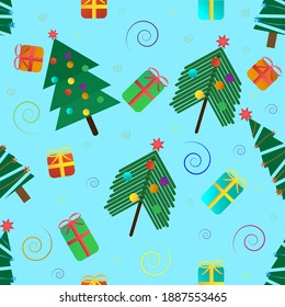 Evergreen Christmas trees along with gifts and ribbons on a light blue background. Seamless patterns. For textiles, holiday cards, wallpapers and backgrounds. Vector illustration.