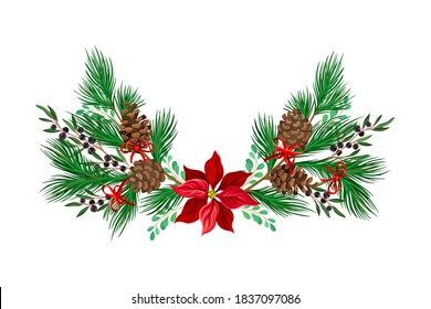 Evergreen Coniferous Tree Branches and Euphorbia Flower Semicircular Vector Composition