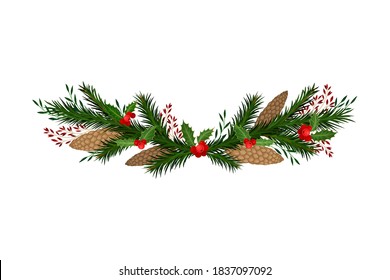 Evergreen Coniferous Tree Branches and Holly Berry Twigs Semicircular Vector Composition