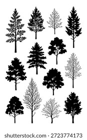 Siluetas de árboles de coníferas perennes establecidas para la naturaleza salvaje de las montañas y el diseño del paisaje forestal con varias Formas de pino y abeto.