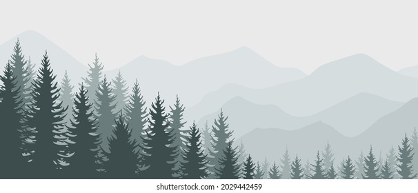 Evergreen coniferous trees with a mountain landscape. Horizontal banner template with fir forest. Postcard, advertising poster for forest recreation, summer camp, tourism. Vector illustration