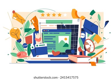 Creación de contenido Evergreen, ilustración vectorial. Pantalla de computadora con página web e iconos que representan ideas, calidad, crecimiento, edición, compartir e hitos de contenido en línea.