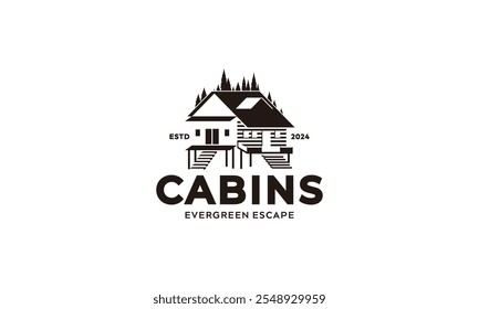 Evergreen Escape Cabins: A Black and White Logo Featuring Two Rustic Cabins in a Forest Setting.