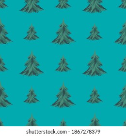 Evergreen fir seamless pattern on blue background. Vector illustration for festive design, packaging, wallpaper, fabric, textile, stationery, accessories.