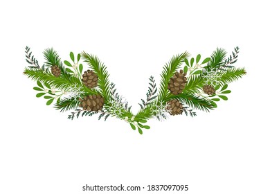 Ramas de árbol de fibromas de evergreen y mechones de mora de mora de mellizo composición vectorial semicírica