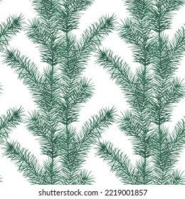 Evergreen fir tree branches vector seamless pattern. Pine tree twigs with green needles. Christmas tree branches conifer twigs, evergreen Christnas plant macro watercolor style background.