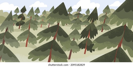 Evergreen fir trees forest landscape. Nature panorama with conifer wood. Coniferous woodland with lot of green spruces. Forestry panoramic view. Countryside environment. Flat vector illustration