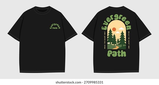 Evergreen Forest Landscape Graphic für Bekleidung, Retro Nature Trail Illustration für den Druck, szenische Sonnenaufgang Outdoor Artwork für Shirts, Vintage Wanderweg Design für Merch