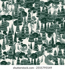 Evergreen forest seamless pattern. Fir trees and mountains background. Vector illustration
