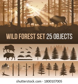 Evergreen Forest Set of Different Silhouettes of Trees and Wild Animals. Nature Illustration for Your Design