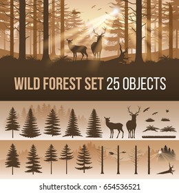 Evergreen Forest Set of Different Silhouettes of Trees and Wild Animals