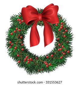 Evergreen holiday wreath with red bow and berries in circular shape. Vector isolated illustration