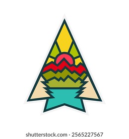 evergreen lake mountain sun logo design with line art style, vector illustration